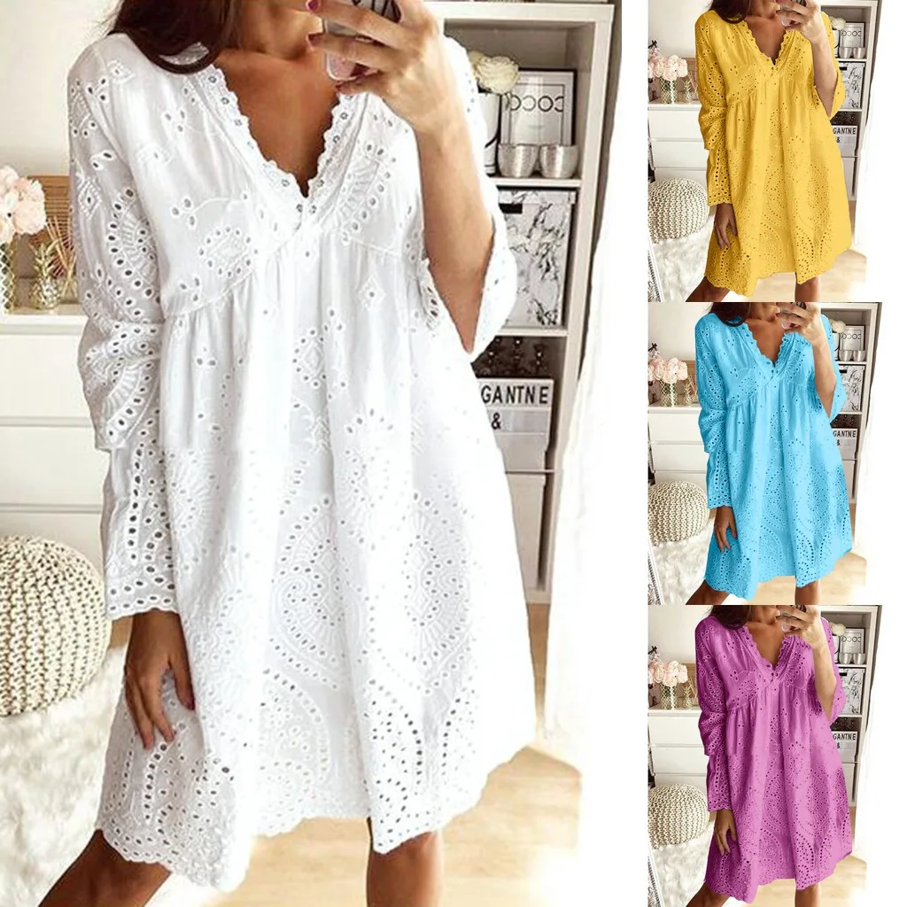 Элегантное выдалбливающее платье для женщин Boho, однотонное, v-образный вырез, длинные платья средней длины с длинным рукавом, Модный повседневный свободный сарафан, vestidos