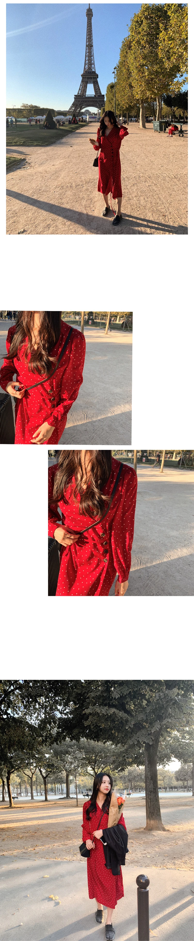 BGTEEVE весеннее длинное платье в горошек с v-образным вырезом, женское однобортное шифоновое платье на шнуровке, красное женское платье