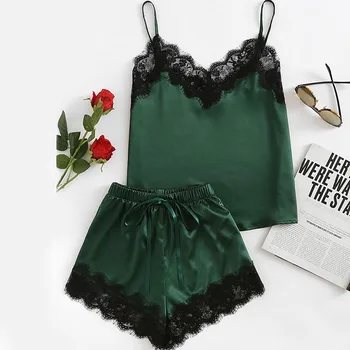 

Spaghetti Strap Lace Satin Cami Top and Shorts Pajama Set Womens Sleepwear Pajama Set