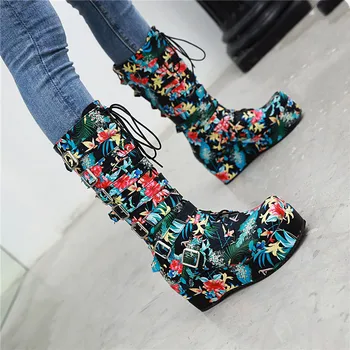 

2020 Fashion Print Creepers Platform lon Boots for Women Wede Heel Shoes Buckle Lace Up Punk Gothic Combat Boots 45