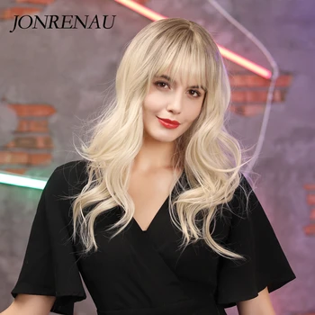 JONRENAU 24 inches 9 Colors Long Brown Root Ombre Blonde Wig Synthetic Natural Wave Wigs with Bangs for Black/White Women 4
