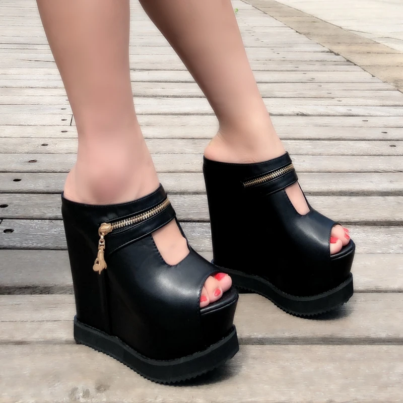 Женские босоножки на очень высоком каблуке 15 см и танкетке; женская летняя пляжная обувь с открытым носком