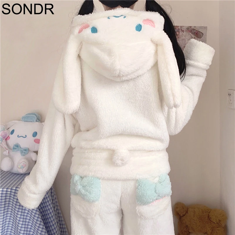 

Japanese Winter Kawaii Pajama Set Girl Cute Coral Fleece Long Ears Zip Coat Plush Trousers Warm Thickened Soft Home Wear Women