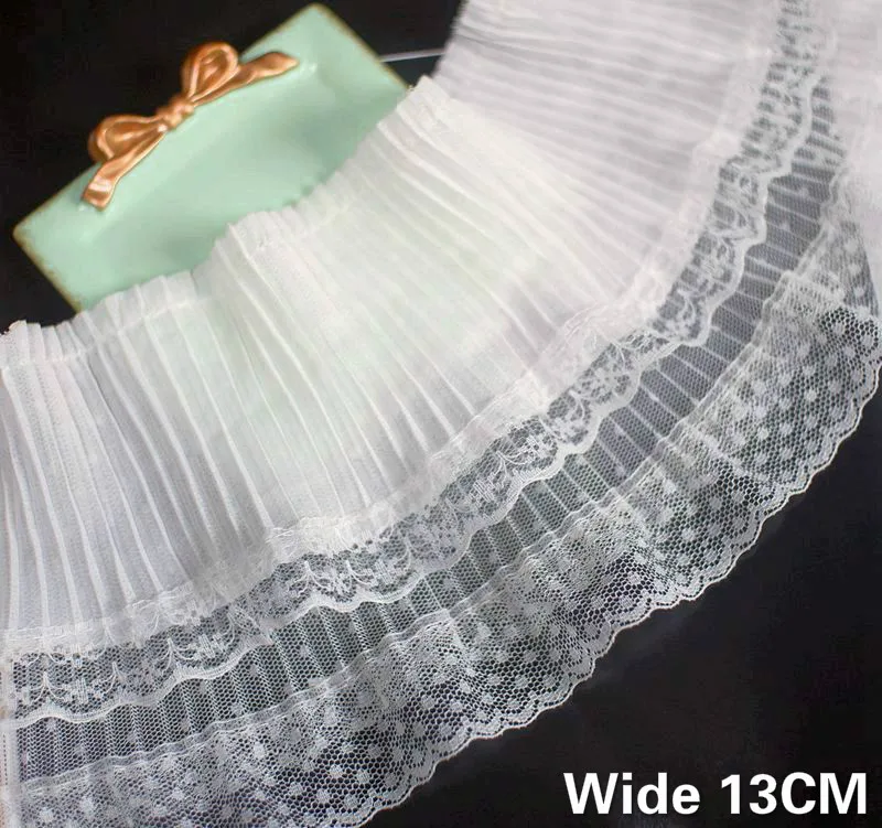 

13CM Wide Double Layers White Pleated Chiffon Ruffle Lace Trim Embroidered Dots Ribbon Dress Collar Fringe Splicing Sewing Decor