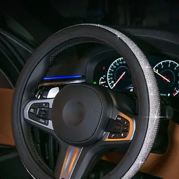 

Rhinestone Car Steering Wheel Cover Anti-Slip Wheel Sleeve Protector (Black Leather + White Diamond)