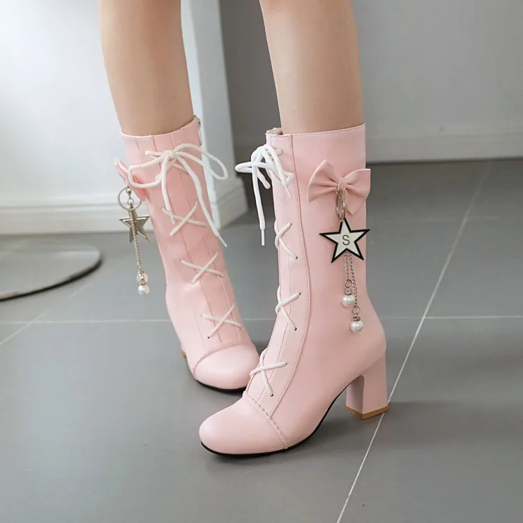 

PXELENA White Pink Women Wedding Boots Ruffles Bow Tie Chain Pearl Elegant Bride Mid Calf Boots Chunky High Heels Cosplay Lolita