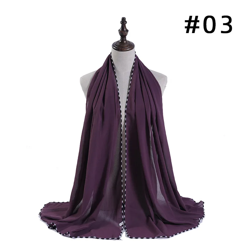 Простой пузырь шифон шарф хиджаб черные края шаль заворачиваемая Женская мода платок Стиль мусульманские шарфы 24 цвета - Цвет: 3