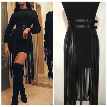 

Fashion Long Fringe Belt Black Leather Designer Belts for Women Long Tassels Pin Buckle Corset belt