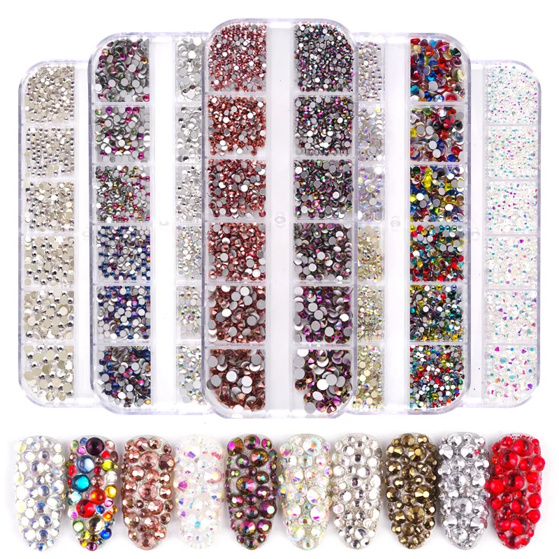 

12 Grid 1440pcs Mix Sizes Glass Crystal Non Hot Fix Rhinestone Flatback Crystal 3D glitter Nail Art Rhinestones Decorations