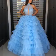 Небесно-Голубой бальное платье Пышное Платье с лямкой на шее с сексуальной открытой спиной и бисером; платье с фатиновой юбкой для девочек сладкий 16 платья 15 лет, платья на день рождения, платья