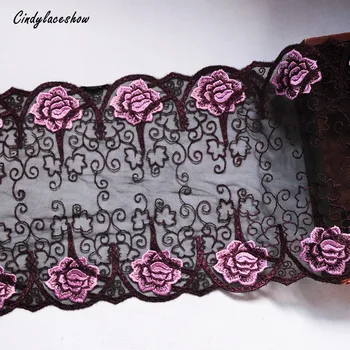 

1 Meter 22cm wide Red Flower Embroidered Lace Trim Black Tulle Clothes Accessories Guipure Lace Trimmings Sewing Lace Appliques