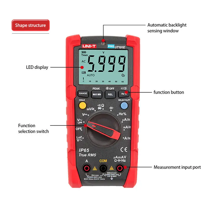 UNI-T UT191E/T цифровой мультиметр True RMS AC DC Напряжение Ампер Ом метр IP65 Водонепроницаемый/пылезащитный ACV LPF/LoZ ACV термометр