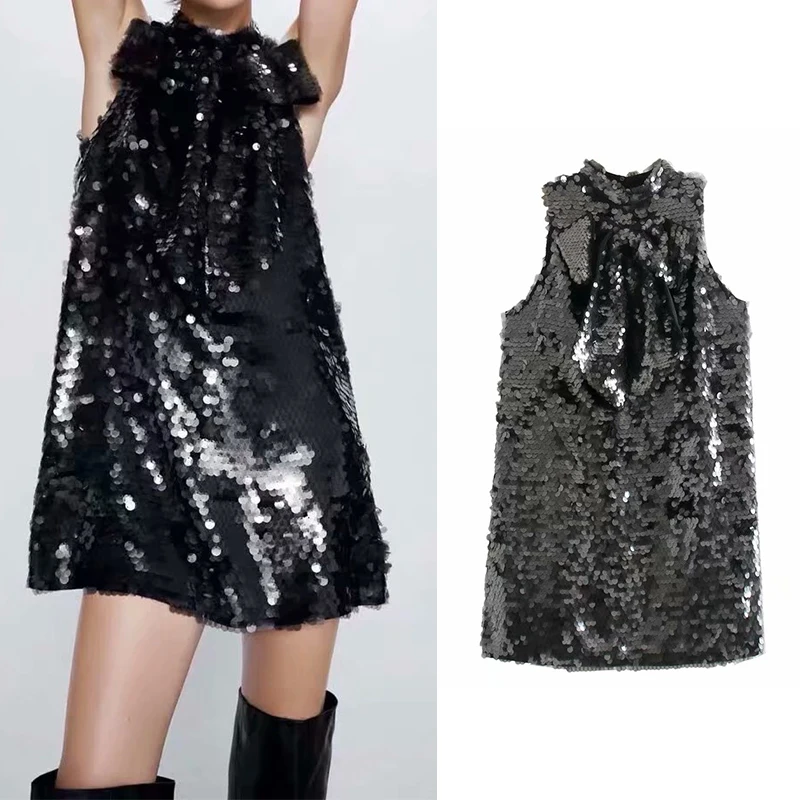 

Women dress za 2020 bow tie sequined chic black party dress sexy sleeveless mini dresses female elegant office ladies vestidos