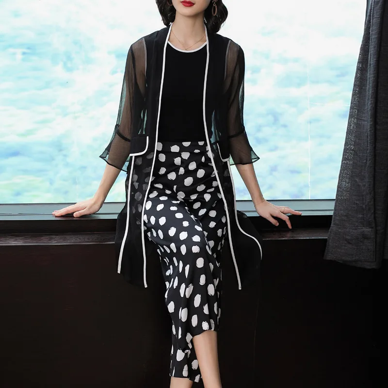

Spring Clothing 2019-Gauze Coat Vest Tops Polka Dot Loose Pants Fashion Three-piece Set Women's-
