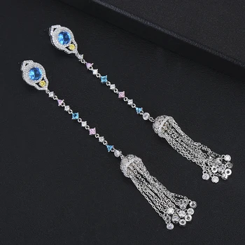 

LARRAURI Fashion CZ Crystal Pierced Earrings Big Clock Long Drop Statement Tassel Earrings For Women Wedding Engagement Jewelry