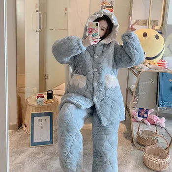 

Pajamas Women's Autumn And Winter Plus Cotton Coral Velvet Thick Three-layer Quilted Cartoon Cute Mid-length Flannel Home Servic