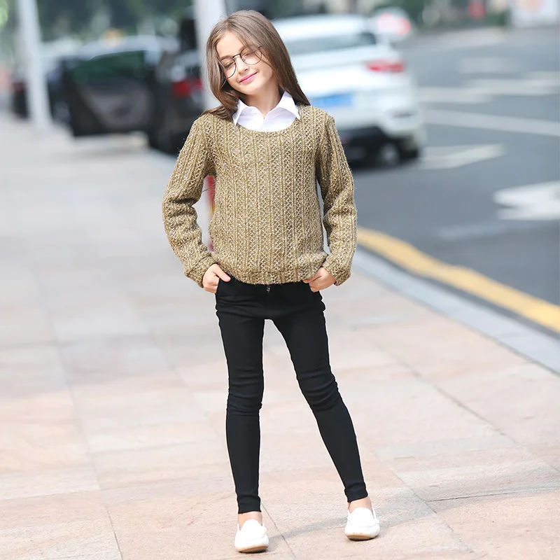 

New Style Women's Big Kid 15 Autumn And Winter Warm Linen Flower Color Sweater Solid Color GIRL'S Versatile Fake Two-Piece