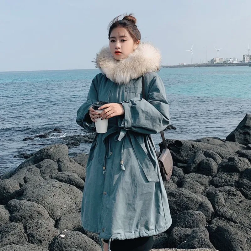 

Photo Shoot CHIC Red Mid-length Imitation Rabbit Plush Hooded Large Fur Collar Lace-up Drawstring Thick Workwear Cotton-padded C