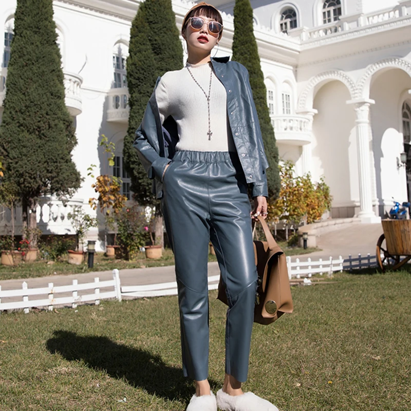 Новые женские брюки из овечьей кожи с длиной до щиколотки модные ...