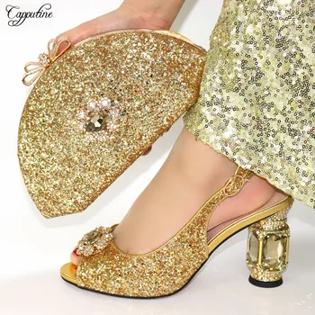 

Latest Gold Shoes And Bag Set High Heel Sandal Shoes With Evening Handbag Set For Party VC106 Heel Height 10CM