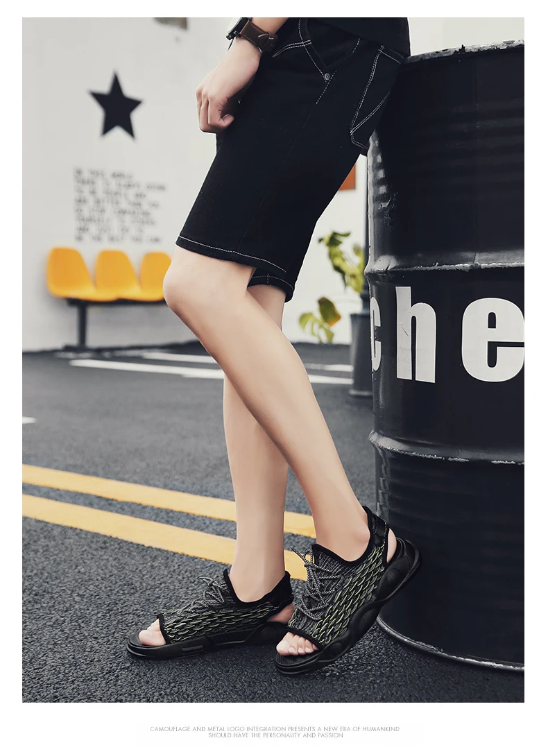 Мужские дышащие тапочки Flyknit открытый размер 39-44 мужская пляжная обувь с открытым носком Нескользящие повседневные шлепанцы Chanclas Hombre