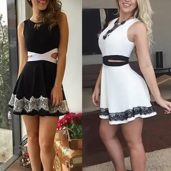 

New Arrival Summer Dress Women Lace Patchwork Hollow Out Waist Sleeveless Slim fashion lace contrast A Line Mini Party Dress