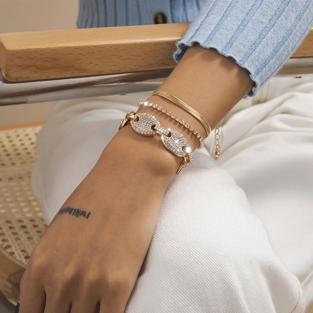 Punk Curb Cuban Chain Bracelets Set for Women Multilayer Miami Boho Thick Gold Color Charm Bracelets Bangles Fashion Jewelry Antique Silver Plated