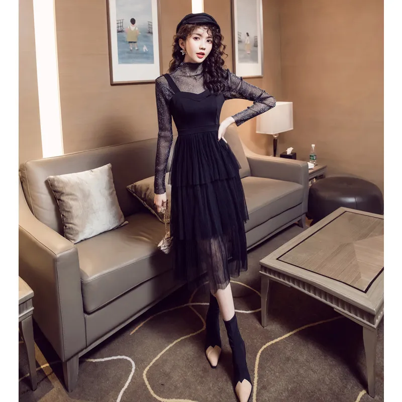 

2019 Autumn Clothing New Style Transparent Tops + Camisole Gauze Cake Dress Two-Piece Set