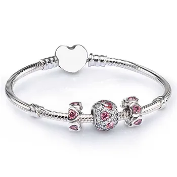 

NEW 100% 925 Sterling Silver SALE - PINK HEART PAVE BALL CHARM BRACELET SET fit DIY Original charm Bracelets jewelry A Set