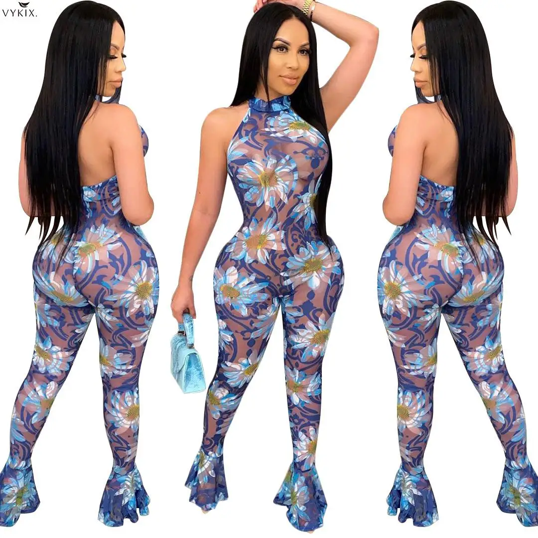 

Women Floral Halter Neck Open Back Mesh See Though Sleeveless Bodycon Flare Jumpsuit Sexy Party One Piece Romper Club Overalls