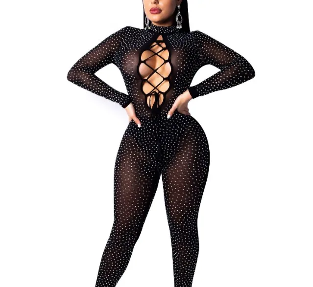 Cultiseed Women Sexy Hot Drilling Slim Hip Jumpsuits Rompers Female Fashion Hollow Out Bandage Mesh Jumpsuits Ladies Jumpsuits
