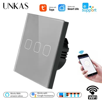 

Minitiger Crystal Glass Panel WIFI Smart Touch Switch 3 Gang APP Wireless Remote Light Wall Switch Works With Alexa / Google Hom