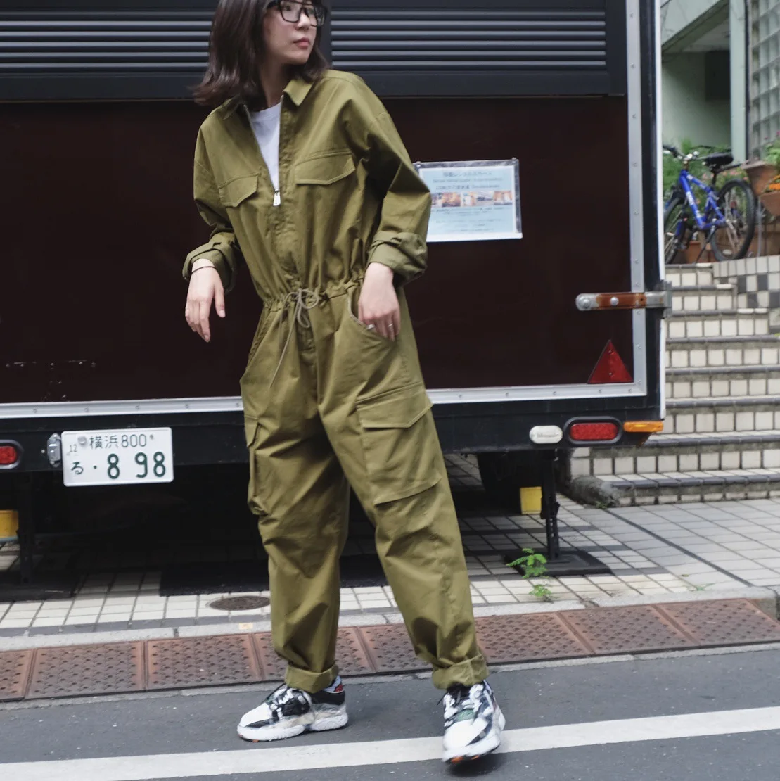 

2019 Autumn New Korean Street Fashion Tooling Jumpsuit High Waist Wide Leg Pants Loose Slim Pants Women Full Length Pants Women