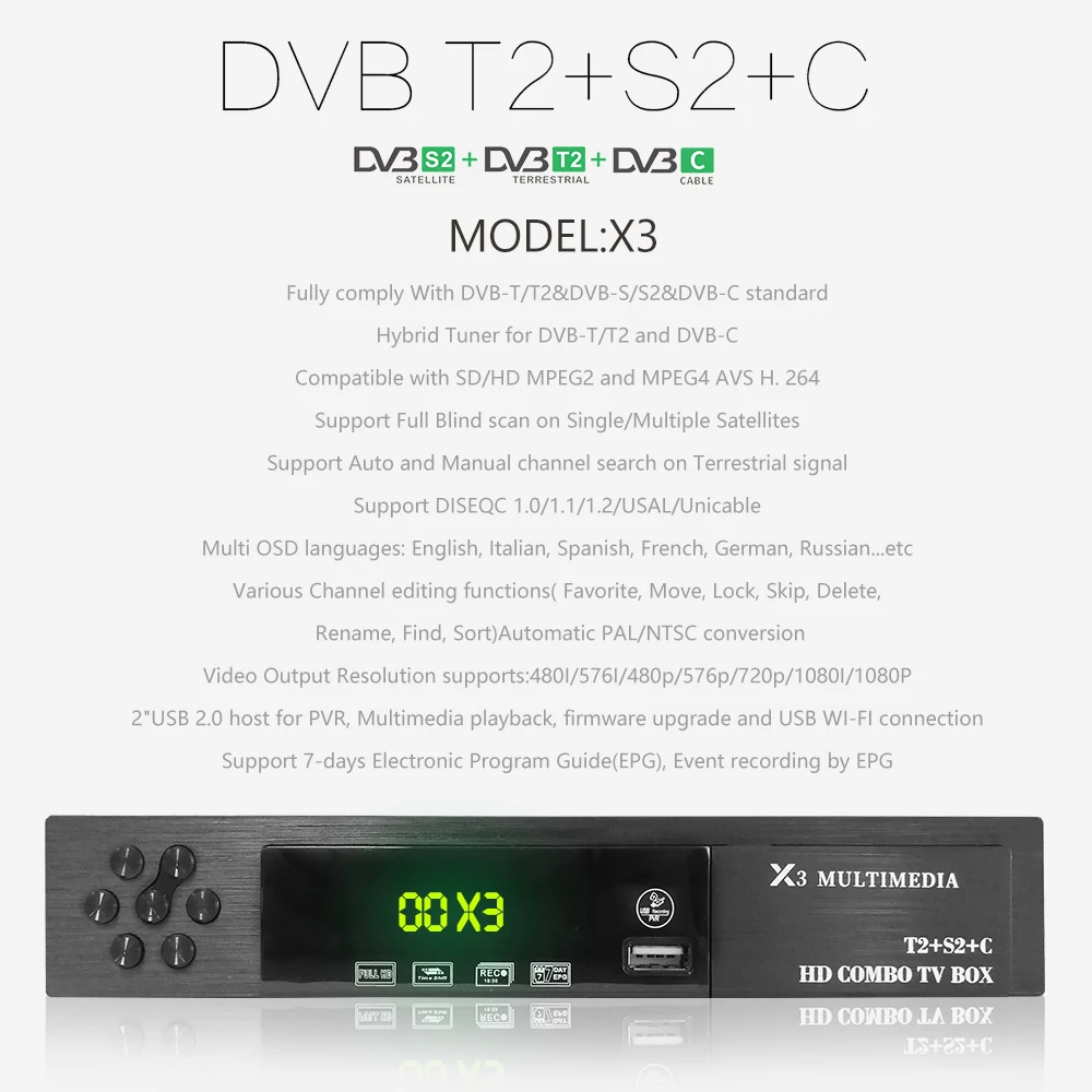 DVB-T2/S2+ DVB-C комбо HD цифровой наземный спутниковый ТВ приемник с 1 год Европа Cccam+ USB wifi Поддержка Dolby AC3 IP tv