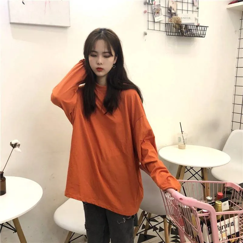 Корейская Ulzzang однотонная свободная футболка оверсайз Женская Повседневная футболка с длинным рукавом женский o-образный вырез пуловеры футболка модные свитера футболка