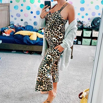 

Summer Sleeveless Clothing For Pregnant Woman Leopard print Maternity Jumpsuits V-neck Pregnancy Pants Trousers with Pocket D30