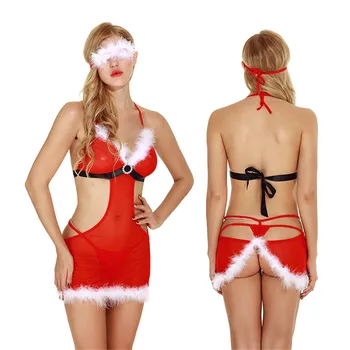 

Women Santa Lingerie Babydoll Chemises Halter Christmas Red Sleepwear Underwear Sexy Erotic Nightgown with Eyepatch