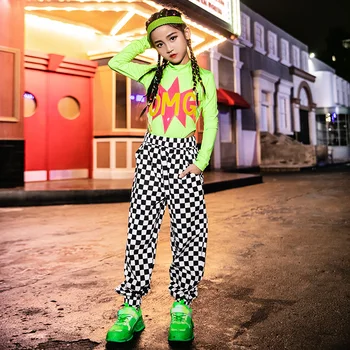 

Korean Version Hiphop Street Performance Clothing Girls Children Jazz Dance Hip-Hop Costumes Plaid Pants Leotard Tide DWY2353