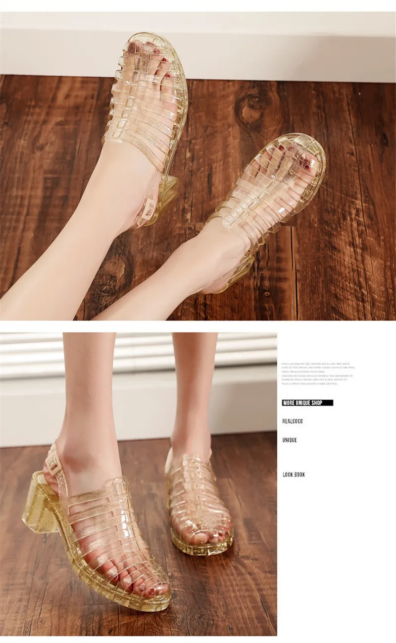 Rain Closed Toe Sandals Female High-Heeled Shoes Transparent Crystal Plastic Beach Women Jelly Shoes High Heels Sandals Slippers Waterproof  (7)