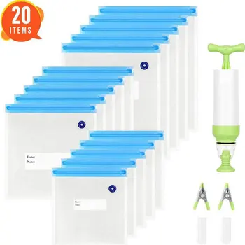 

20 Pcs Bag Kits Reusable Food Storage Vacuum Seal Bags With Hand Pump Bag Sealing Clips Food Wrap For Food Storage Freezing