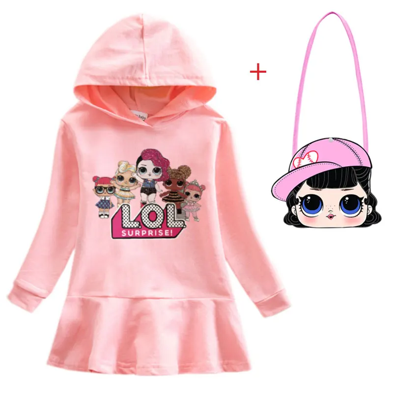 Girls Cartoon Hooded Sweater Dress Baby Doll Cotton Casual Dress Comfortable Cute Dress - Цвет: pink bag