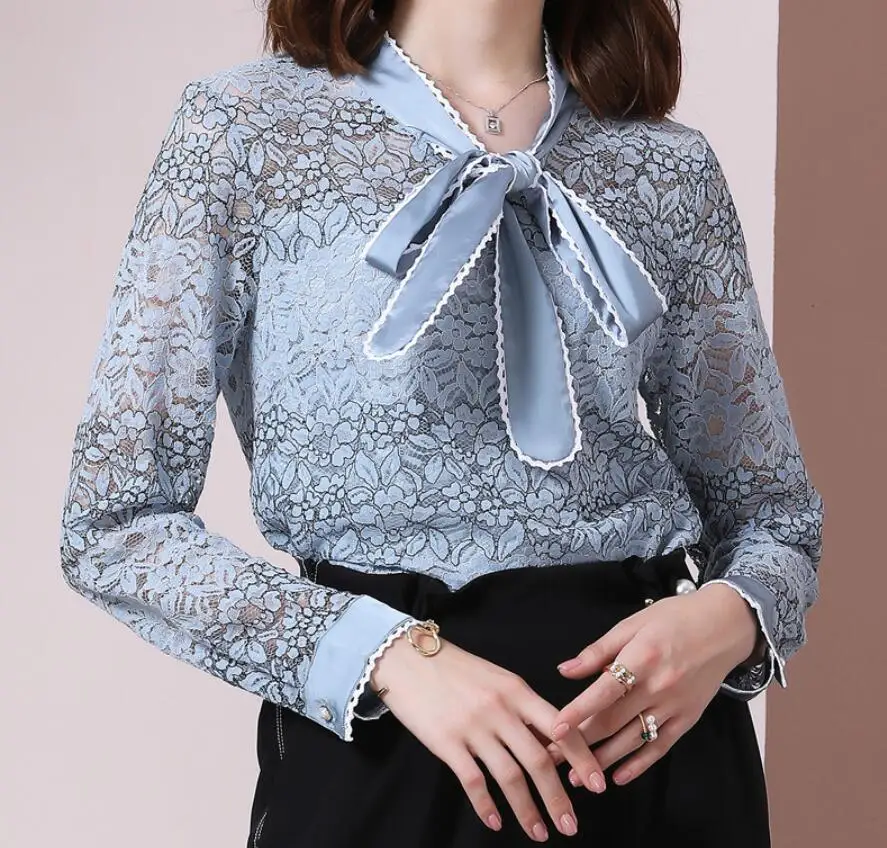 blouses woman 2019 Blusas Mujer De Moda осень Для женщин рубашка в Корейском стиле Модные Костюмы, женские туфли с бантом верхняя одежда голубого цвета кружевная блузка, женские рубашки Feminina - Цвет: blouses woman 2019