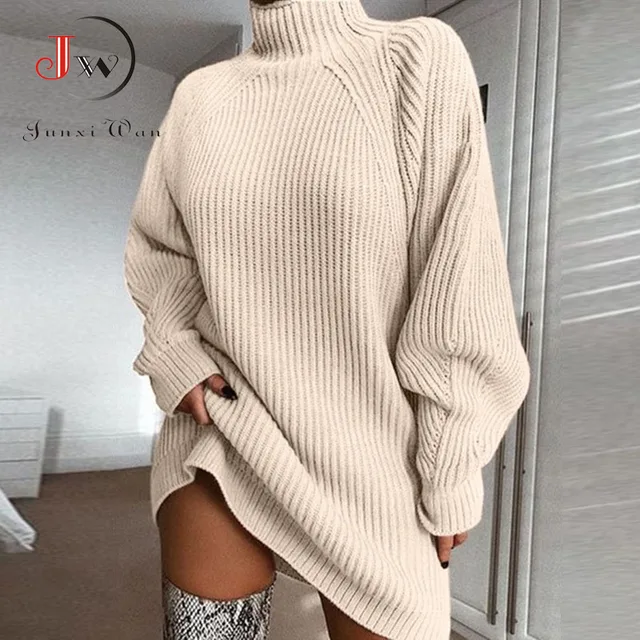 Women Turtleneck Oversized Knitted Dress Autumn Solid Long Sleeve Casual Elegant Mini Sweater Dress Plus Size Winter Clothes 1