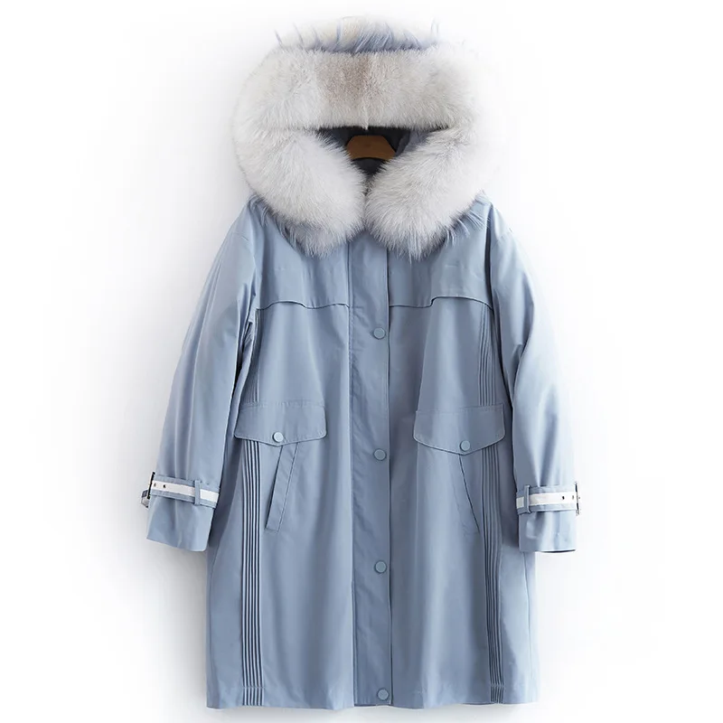 Blue Женское пальто из натурального меха кролика Рекс, теплое зимнее пальто с воротником из лисьего меха, настоящая меховая парка, женская одежда, B19F81365, YY925 - Цвет: Blue