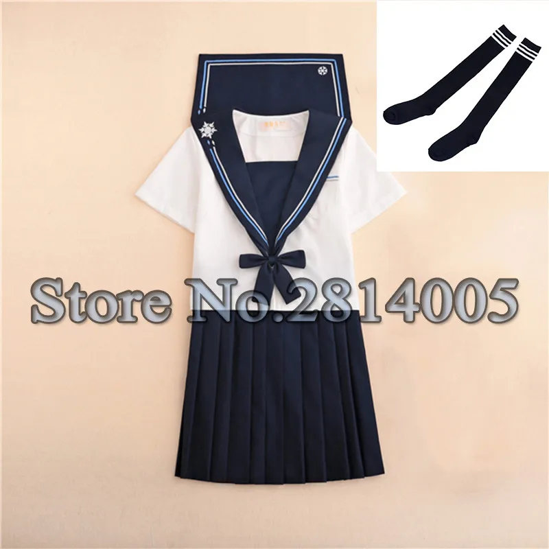 Short A With Socks Вышивка "снег" моряцкий костюм колледжа школьницы Jk школьная форма рубашка и плиссированная юбка моряки Одежда для девочек - Цвет: Short A With Socks