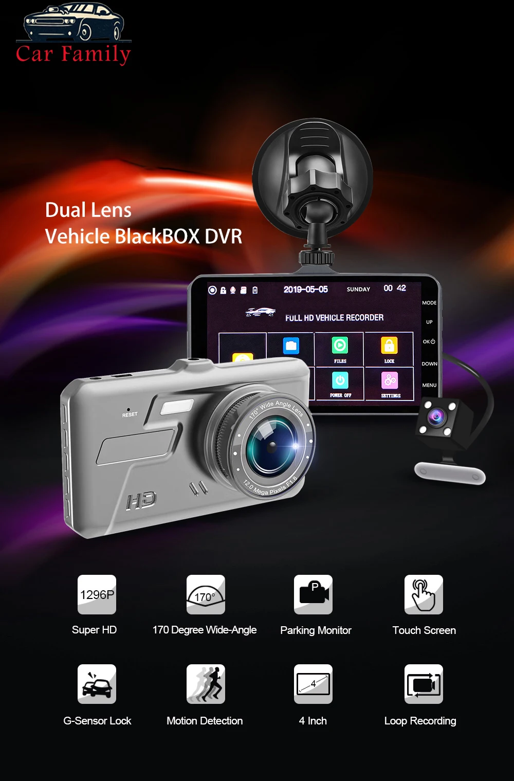 Автомобильный семейный видеорегистратор 4 дюйма с двумя объективами, Мини Автомобильный видеорегистратор, камера FHD 1080P с сенсорным экраном, видеорегистратор заднего вида, ночная версия