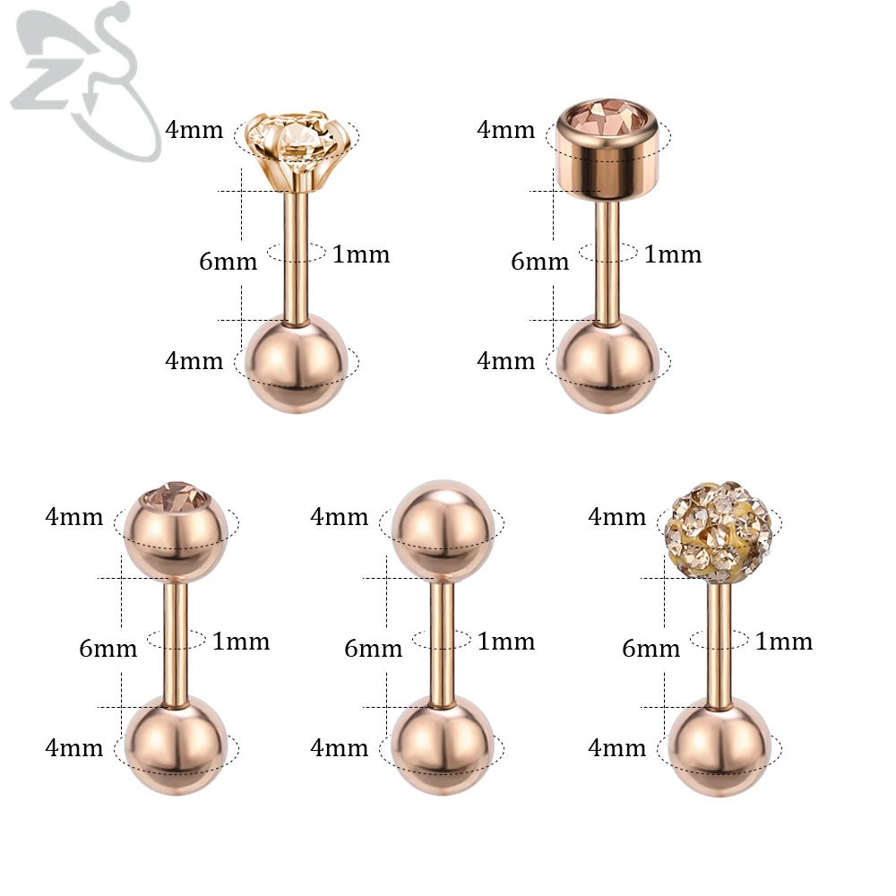 ZS 5 pair/lot Women Rose Gold Plated Ball Cartilage Studs Earrings Set CZ Female Stainless Steel Shinning Crystal Earring Studs