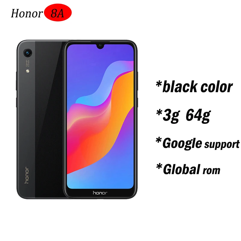 Новое поступление,, Honor 8A, 6,09 дюйма, MTK6765, Android 9,0, 8.0MP+ 13.0MP камера, 3020 мАч, разблокировка лица - Цвет: 3g64 black globalrom