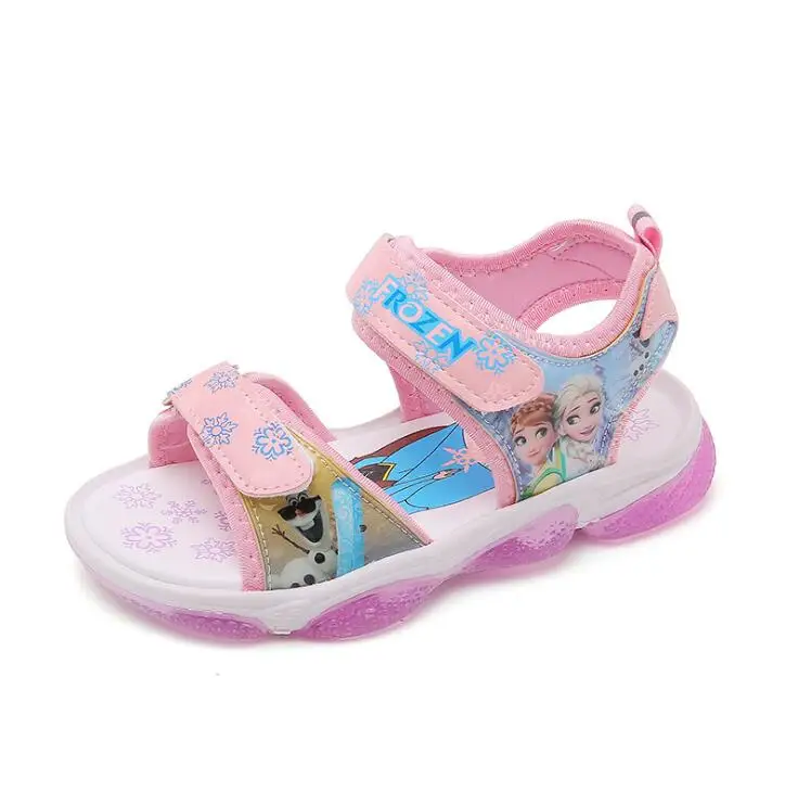 Sandalias de Zapatos de luz LED para niños, sandalias de dibujos animados de Frozen, Anna, Elsa, playa, antideslizantes, transpirables, planas