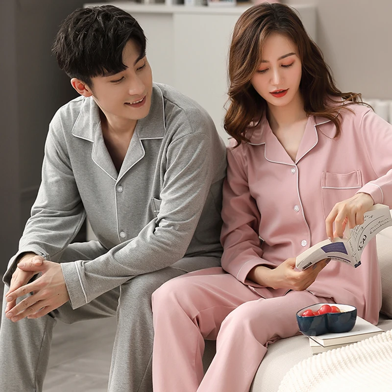

Winter 100% Cotton Pajamas Couple for Lovers Full Sleeves Couple Sleepwears Nightwear 2020 Homewear Pj Set Solid Couple Pijamas